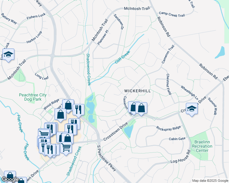 map of restaurants, bars, coffee shops, grocery stores, and more near 108 Dove Rise in Peachtree City