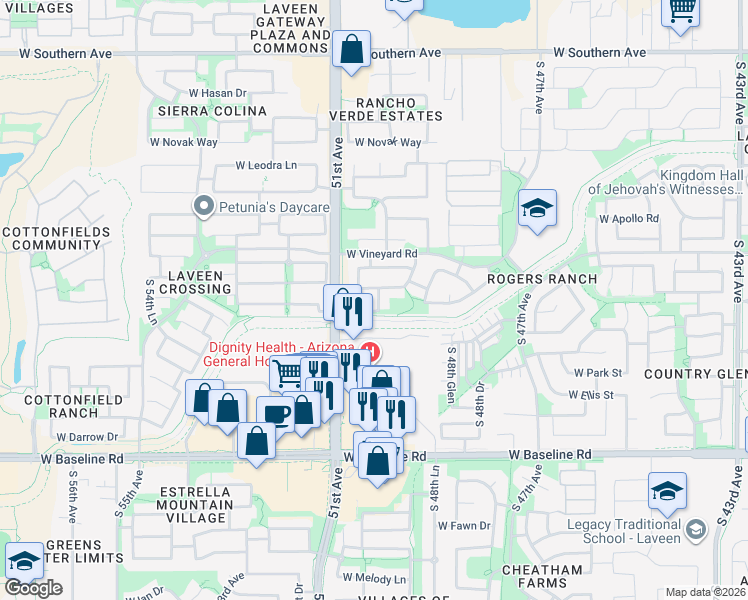map of restaurants, bars, coffee shops, grocery stores, and more near 6920 South 50th Drive in Phoenix