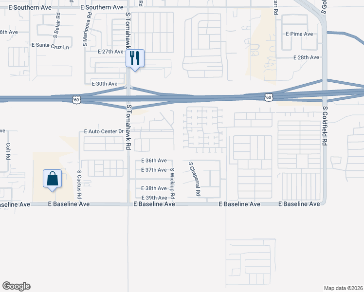map of restaurants, bars, coffee shops, grocery stores, and more near 2092 East 36th Avenue in Apache Junction