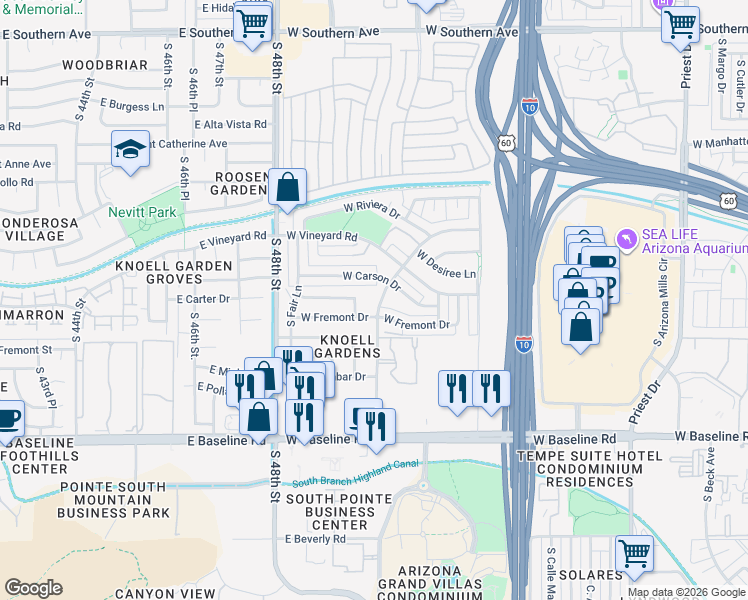 map of restaurants, bars, coffee shops, grocery stores, and more near 2316 West Fremont Drive in Tempe