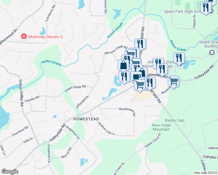 map of restaurants, bars, coffee shops, grocery stores, and more near 2634 Valleydale Road in Birmingham