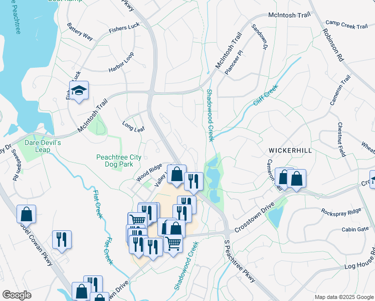 map of restaurants, bars, coffee shops, grocery stores, and more near 404 Ridgefield Drive in Peachtree City