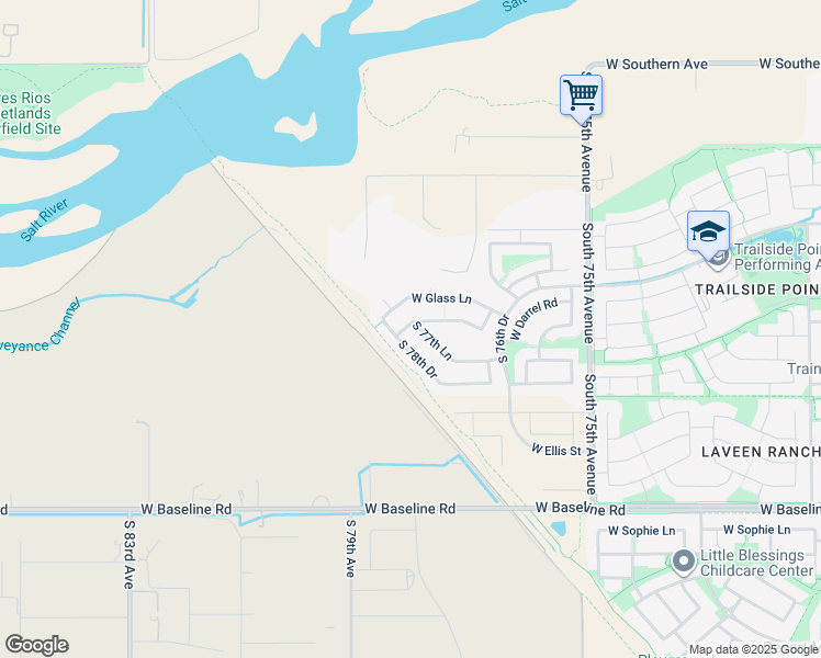 map of restaurants, bars, coffee shops, grocery stores, and more near 6924 South 77th Lane in Phoenix
