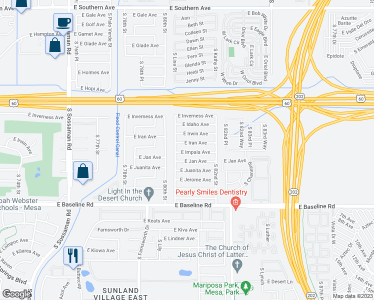 map of restaurants, bars, coffee shops, grocery stores, and more near 8038 East Impala Avenue in Mesa