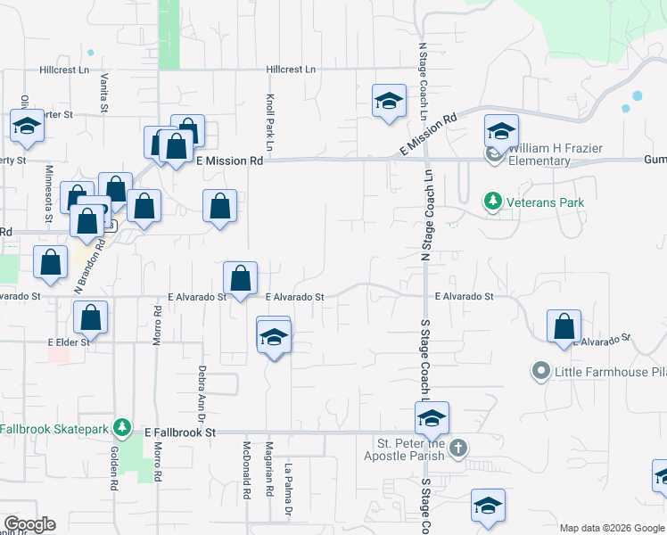 map of restaurants, bars, coffee shops, grocery stores, and more near 234 Mercedes Road in Fallbrook