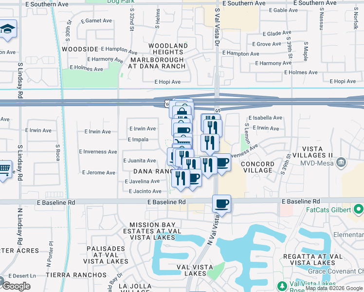 map of restaurants, bars, coffee shops, grocery stores, and more near 1744 South Val Vista Drive in Mesa
