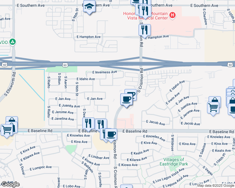 map of restaurants, bars, coffee shops, grocery stores, and more near South Crismon Road in Mesa