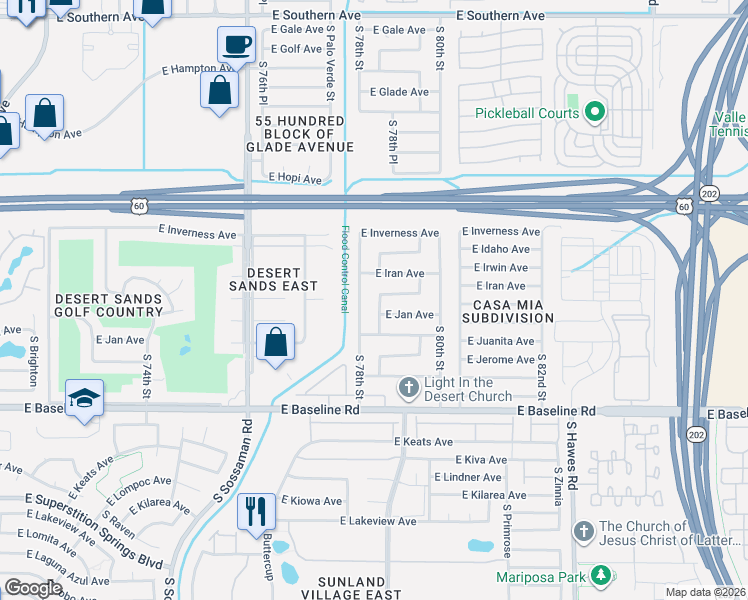 map of restaurants, bars, coffee shops, grocery stores, and more near 7829 East Jan Avenue in Mesa
