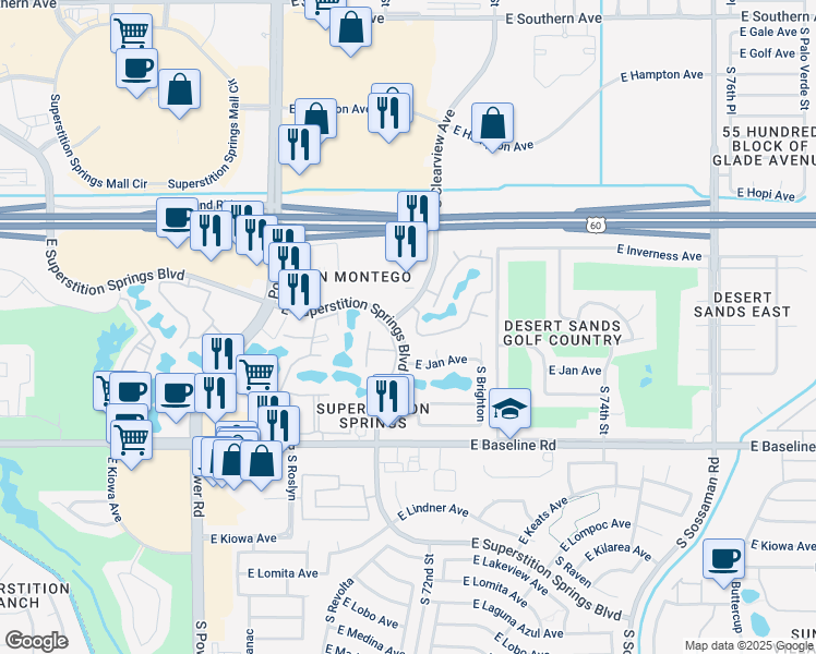 map of restaurants, bars, coffee shops, grocery stores, and more near 7104 East Jan Avenue in Mesa