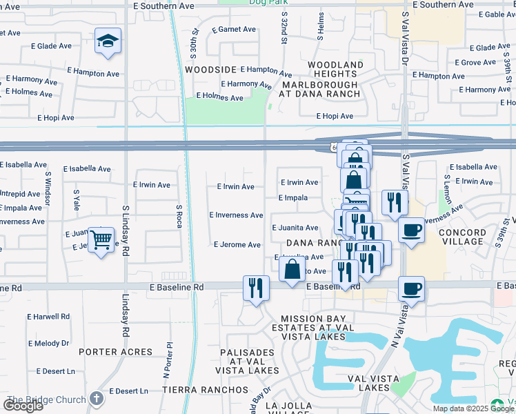 map of restaurants, bars, coffee shops, grocery stores, and more near 3141 East Inverness Avenue in Mesa