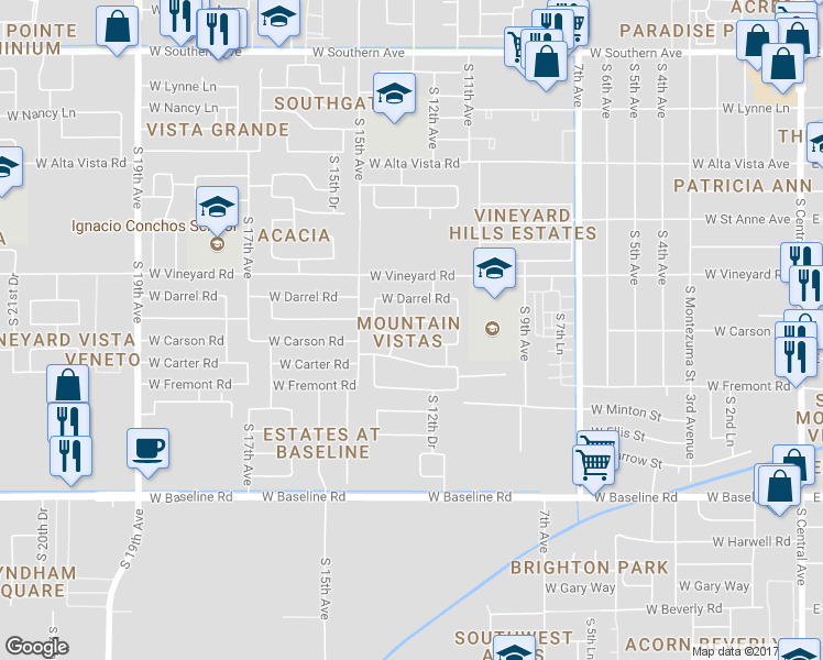 map of restaurants, bars, coffee shops, grocery stores, and more near 1316 West Carson Road in Phoenix