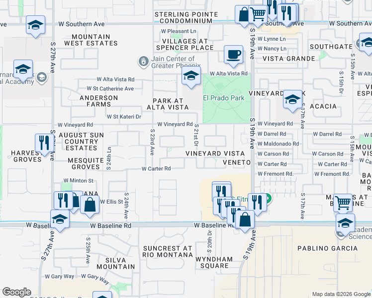 map of restaurants, bars, coffee shops, grocery stores, and more near 2129 West Carson Road in Phoenix