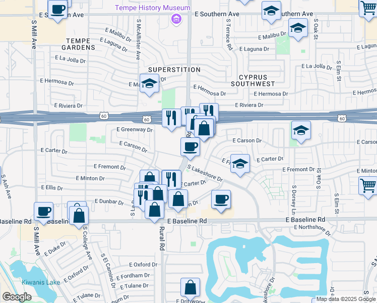 map of restaurants, bars, coffee shops, grocery stores, and more near 4475 South Rural Road in Tempe