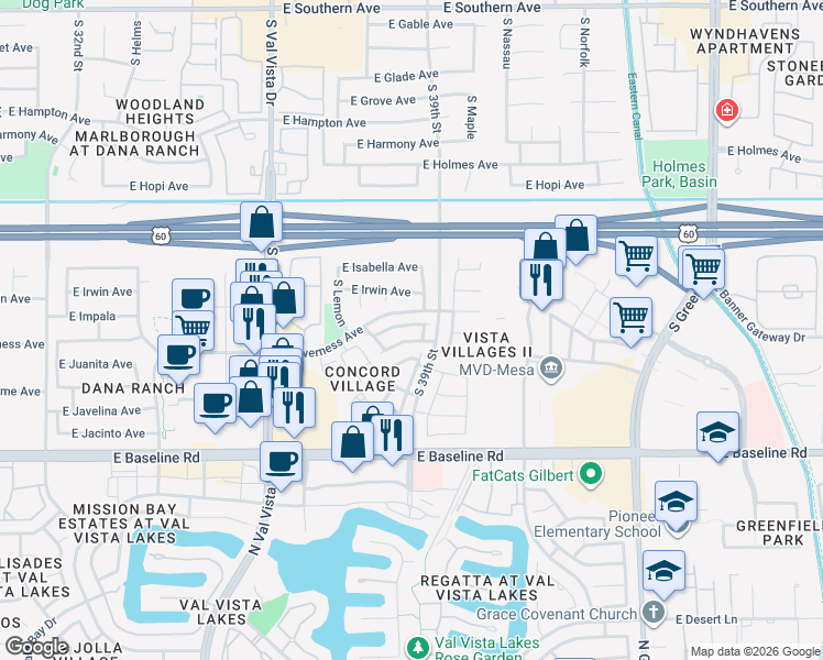map of restaurants, bars, coffee shops, grocery stores, and more near 1704 South 39th Street in Mesa