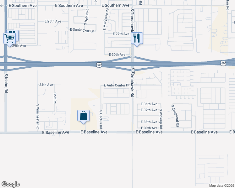 map of restaurants, bars, coffee shops, grocery stores, and more near 3500 South Tomahawk Road in Apache Junction