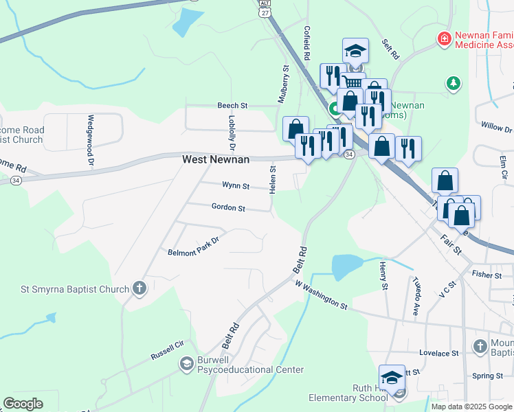 map of restaurants, bars, coffee shops, grocery stores, and more near 5 Gordon Street in Newnan