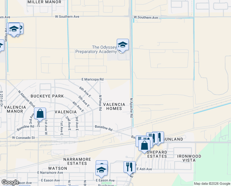 map of restaurants, bars, coffee shops, grocery stores, and more near 236 North Apache Road in Buckeye
