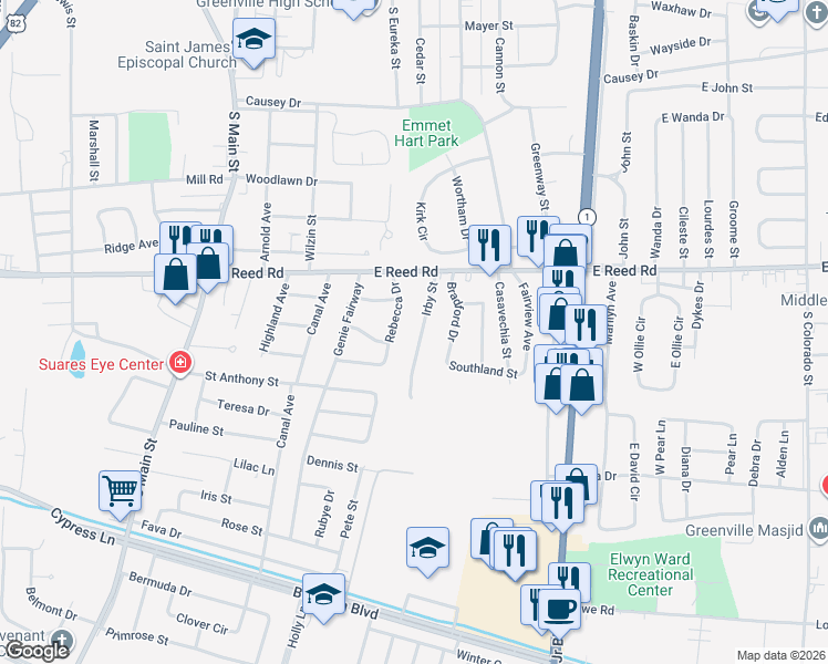 map of restaurants, bars, coffee shops, grocery stores, and more near 1455 Irby Street in Greenville