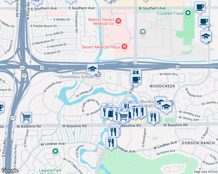 map of restaurants, bars, coffee shops, grocery stores, and more near 2146 West Isabella Avenue in Mesa