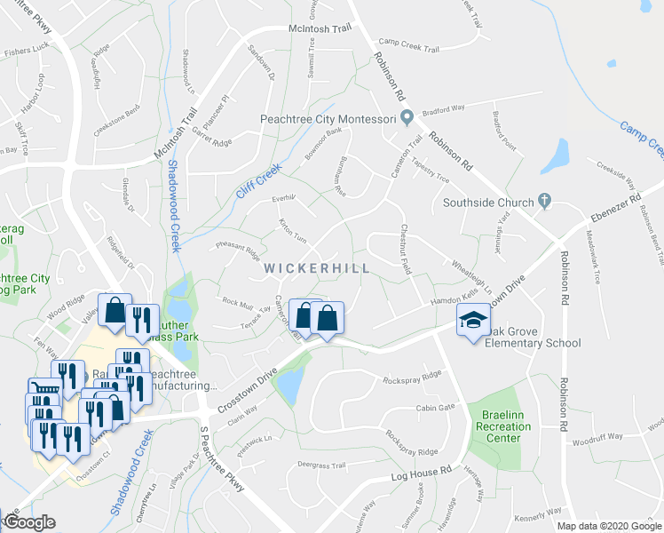 map of restaurants, bars, coffee shops, grocery stores, and more near 115 Wickerhill in Peachtree City