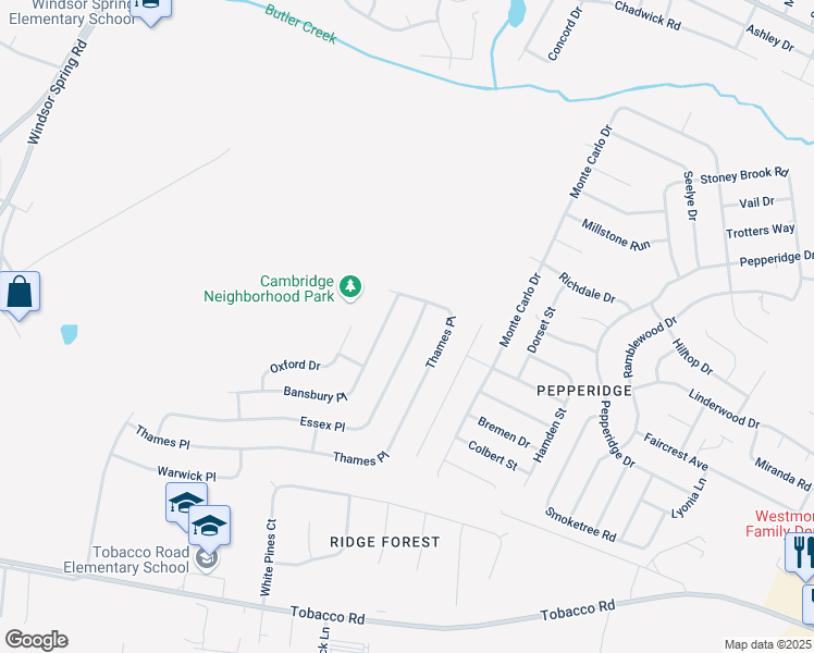 map of restaurants, bars, coffee shops, grocery stores, and more near 3427 Thames Place in Hephzibah