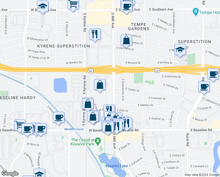 map of restaurants, bars, coffee shops, grocery stores, and more near 30 East Carter Drive in Tempe