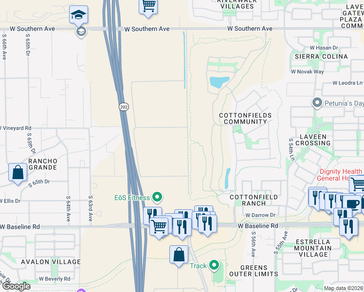 map of restaurants, bars, coffee shops, grocery stores, and more near 6139 West Vineyard Road in Maricopa County