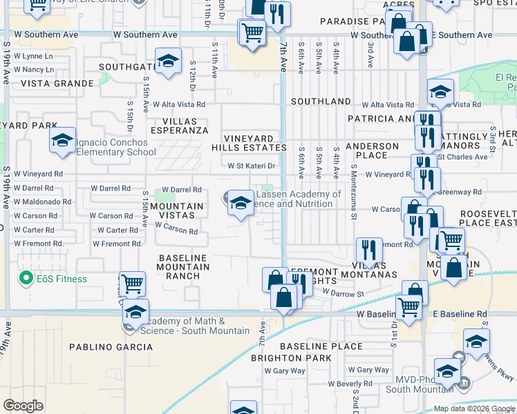map of restaurants, bars, coffee shops, grocery stores, and more near 6924 South 8th Drive in Phoenix
