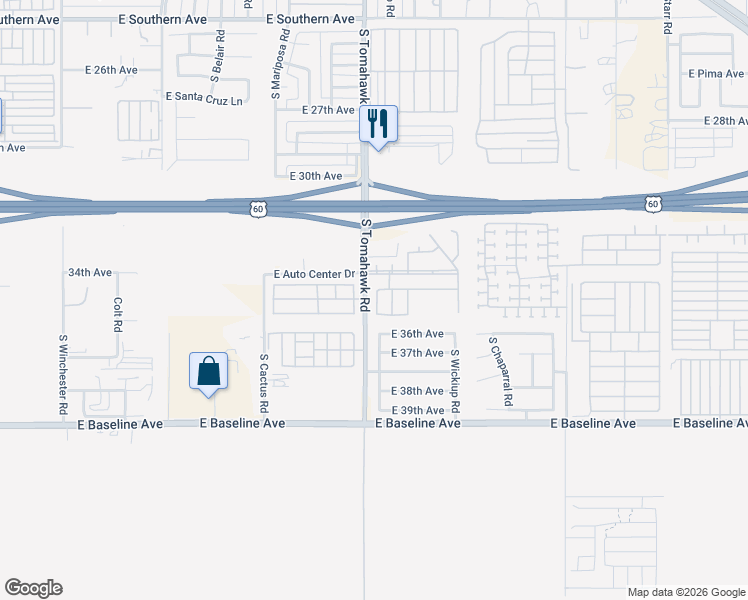 map of restaurants, bars, coffee shops, grocery stores, and more near 3405 South Tomahawk Road in Apache Junction