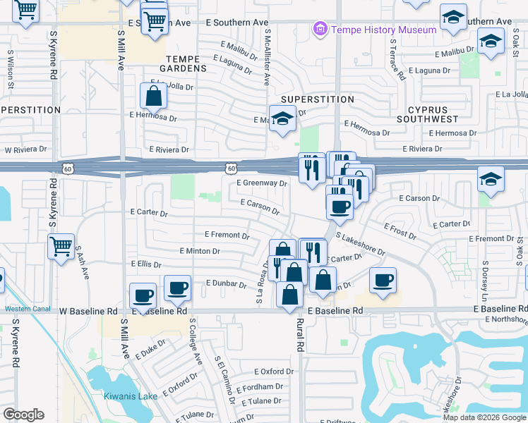 map of restaurants, bars, coffee shops, grocery stores, and more near 438 East Carson Drive in Tempe