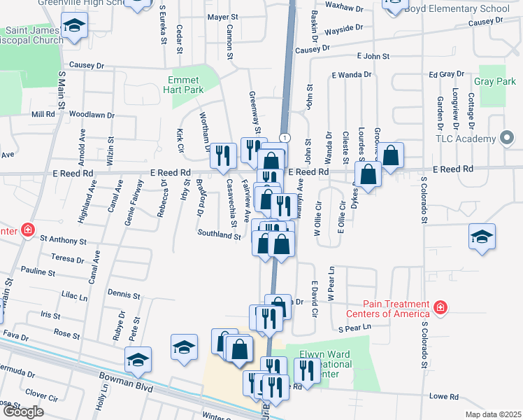 map of restaurants, bars, coffee shops, grocery stores, and more near 1423 State Highway 1 in Greenville