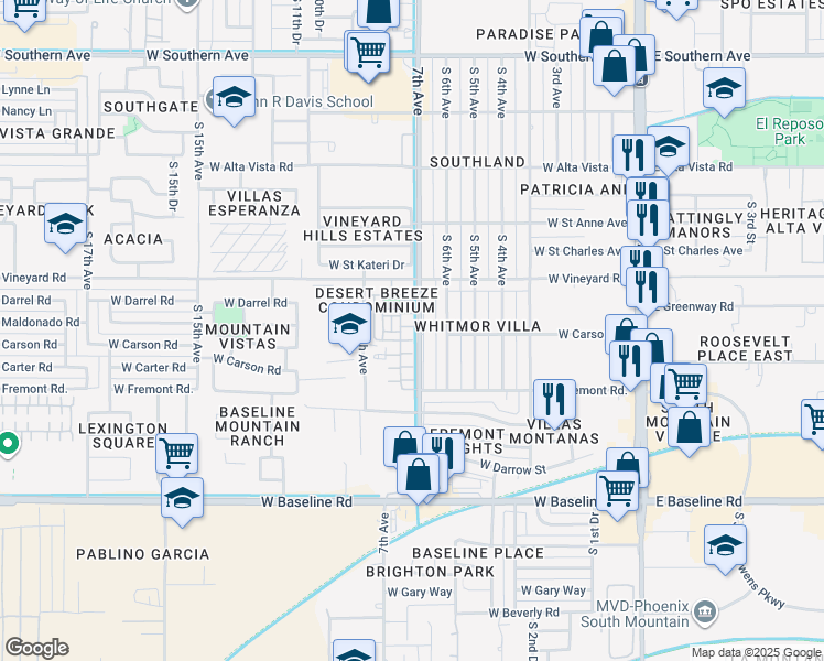 map of restaurants, bars, coffee shops, grocery stores, and more near 6949 South 7th Lane in Phoenix