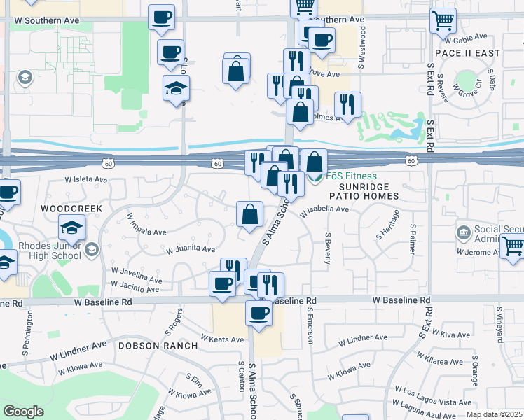 map of restaurants, bars, coffee shops, grocery stores, and more near 1660 South Alma School Road in Mesa
