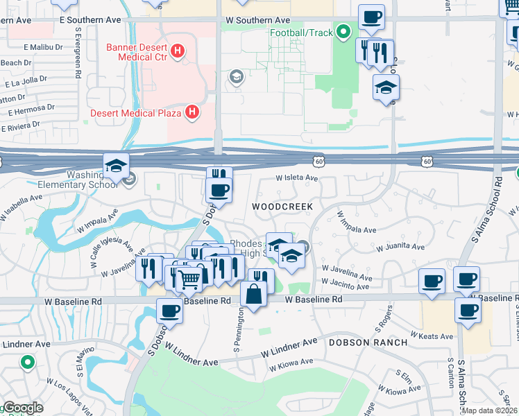 map of restaurants, bars, coffee shops, grocery stores, and more near 1701 South Cholla in Mesa