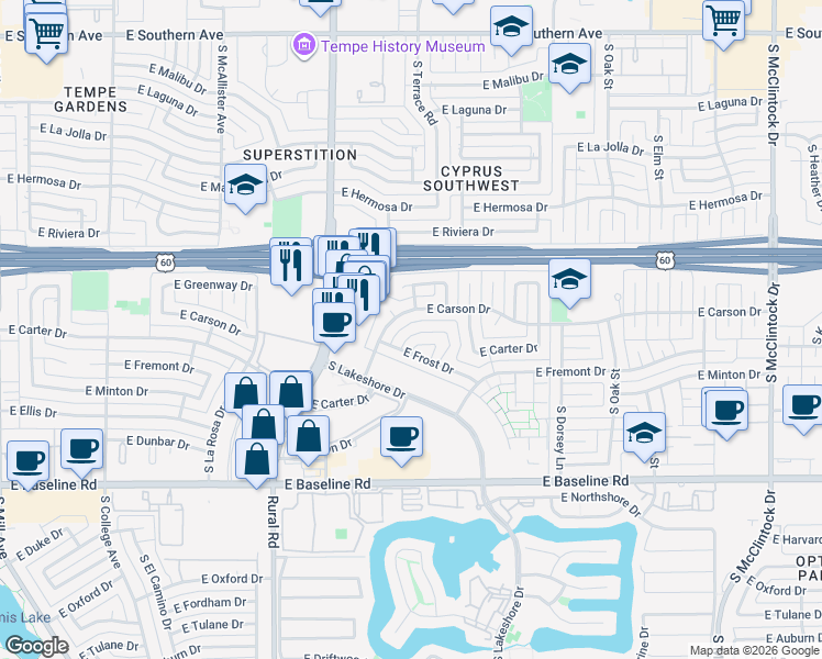 map of restaurants, bars, coffee shops, grocery stores, and more near 1034 East Carson Drive in Tempe