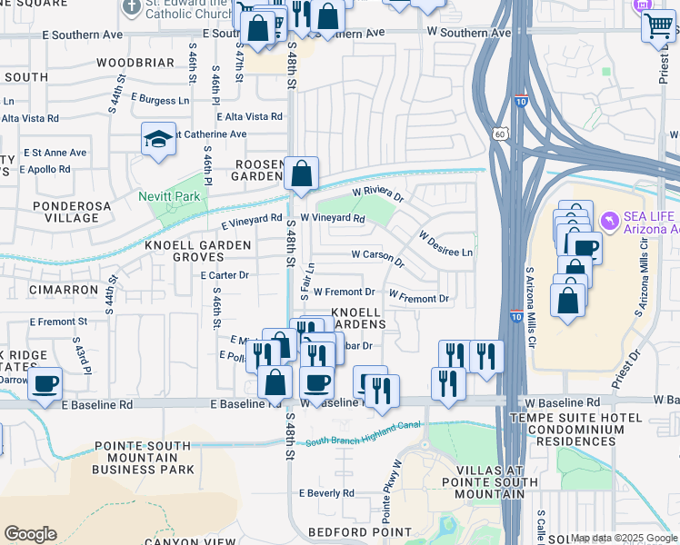 map of restaurants, bars, coffee shops, grocery stores, and more near 2623 West Carson Drive in Tempe