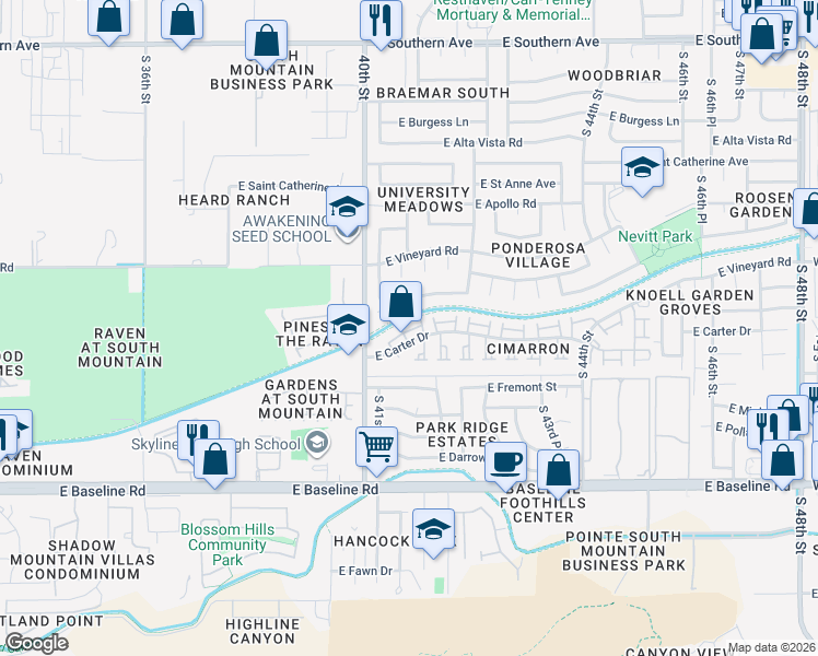 map of restaurants, bars, coffee shops, grocery stores, and more near 4025 East Maldonado Road in Phoenix