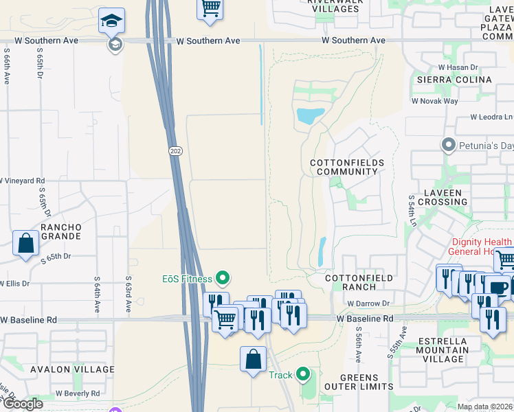 map of restaurants, bars, coffee shops, grocery stores, and more near 6139 West Vineyard Road in Maricopa County