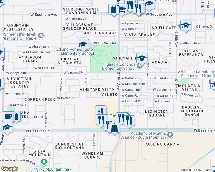 map of restaurants, bars, coffee shops, grocery stores, and more near South 19 th Lane in Phoenix
