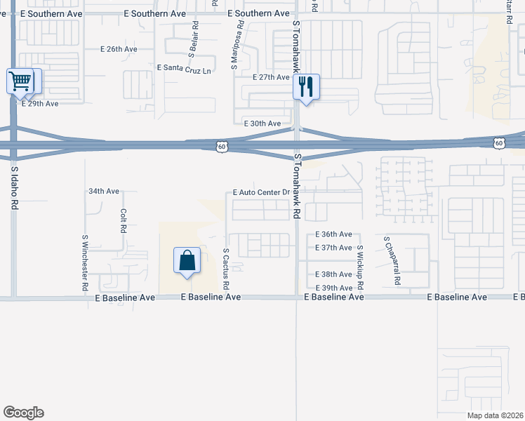 map of restaurants, bars, coffee shops, grocery stores, and more near 3500 South Tomahawk Road in Apache Junction