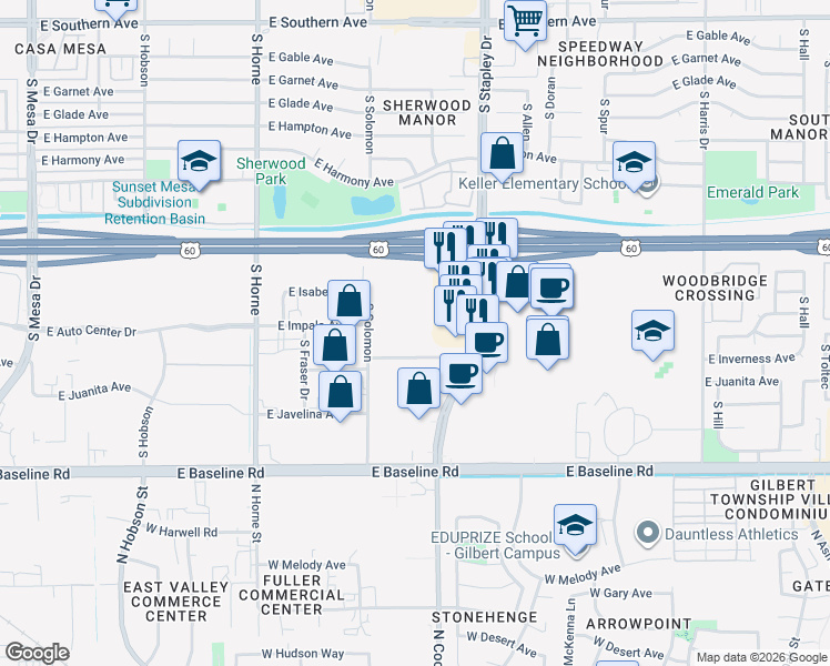 map of restaurants, bars, coffee shops, grocery stores, and more near 1640 South Stapley Drive in Mesa