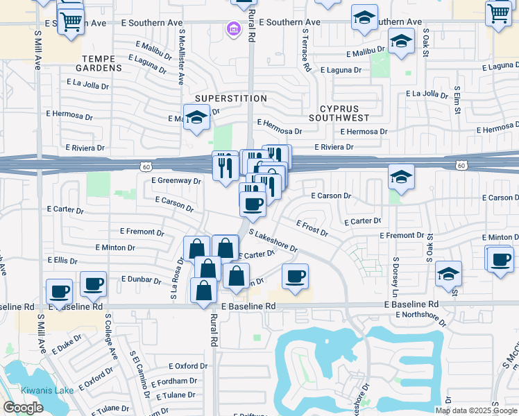 map of restaurants, bars, coffee shops, grocery stores, and more near 4451 South Rural Road in Tempe