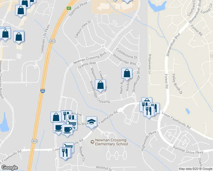 map of restaurants, bars, coffee shops, grocery stores, and more near 48 Creekside Way in Newnan
