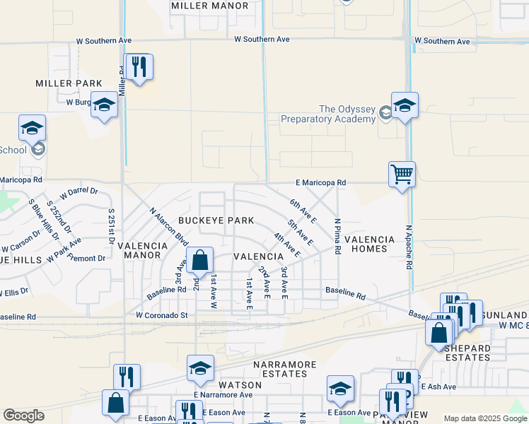 map of restaurants, bars, coffee shops, grocery stores, and more near 116 West 5th Avenue West in Buckeye