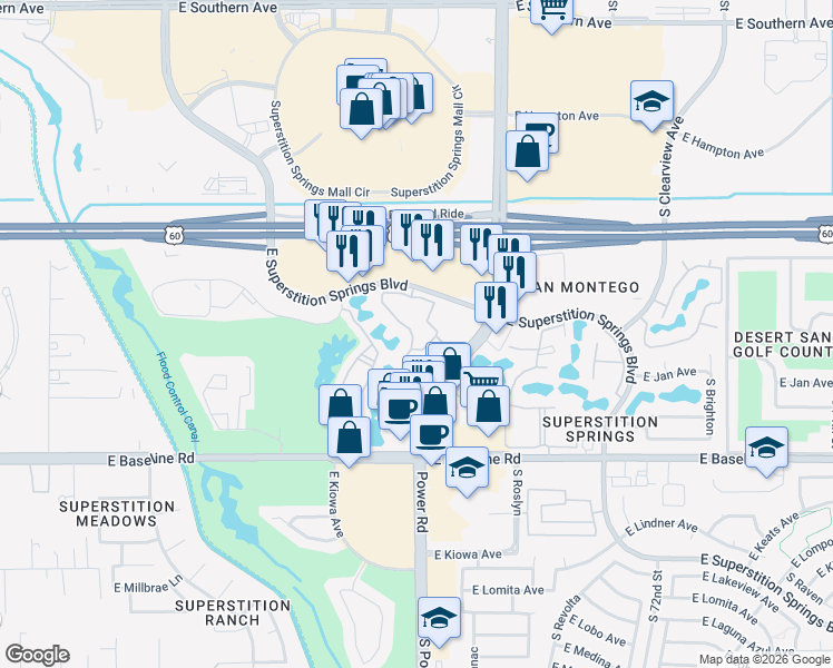 map of restaurants, bars, coffee shops, grocery stores, and more near 6745 East Superstition Springs Boulevard in Mesa