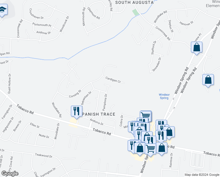 map of restaurants, bars, coffee shops, grocery stores, and more near 2558 Granda Place in Hephzibah