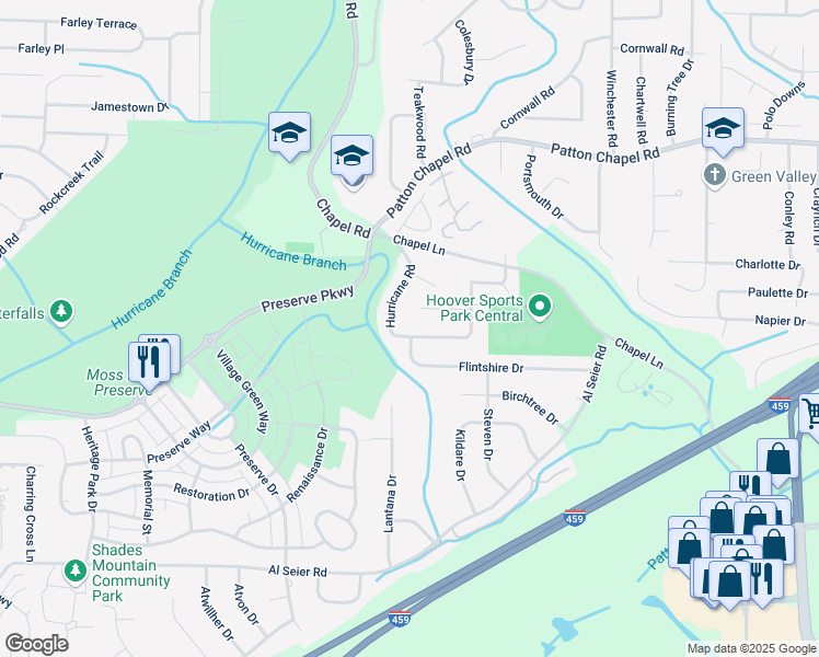 map of restaurants, bars, coffee shops, grocery stores, and more near 3401 Huntcliff Circle in Birmingham
