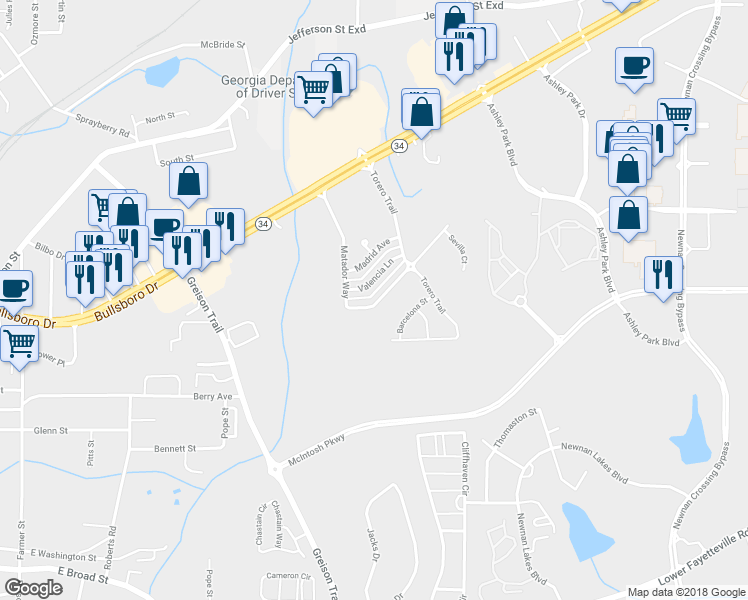 map of restaurants, bars, coffee shops, grocery stores, and more near 48 Matador Way in Newnan