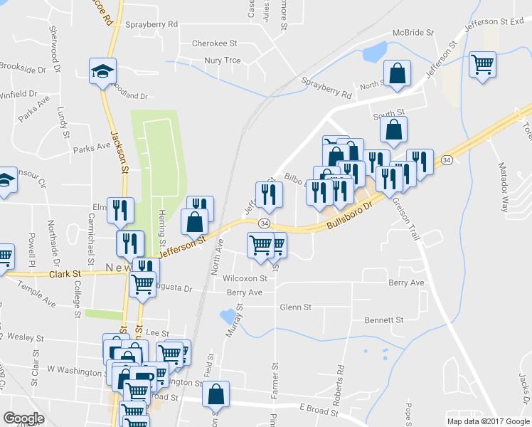 map of restaurants, bars, coffee shops, grocery stores, and more near 66 Spence St in Newnan