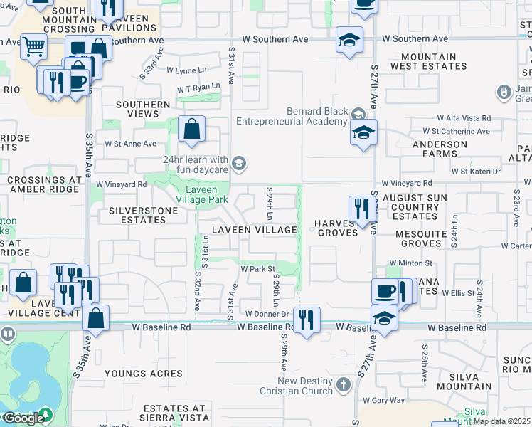 map of restaurants, bars, coffee shops, grocery stores, and more near 6834 South 29th Lane in Phoenix